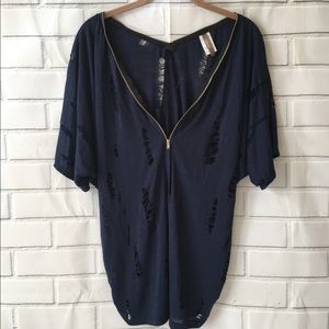 Navy blue Ripped Cut Out Hole Short Sleeve top